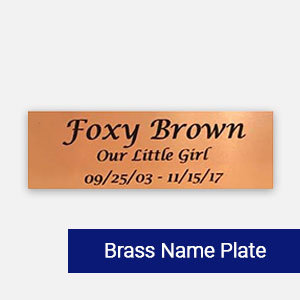 Engraved brass name plate personalized pet memorial keepsake at Star of Texas Veterinary Hospital Austin TX
