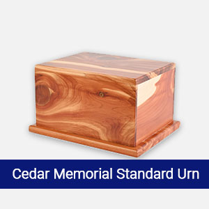 Cedar memorial standard pet cremation urn available at Star of Texas Veterinary Hospital in Austin TX