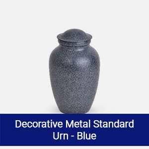 Blue decorative metal standard pet cremation urn available at Star of Texas Veterinary Hospital Austin TX