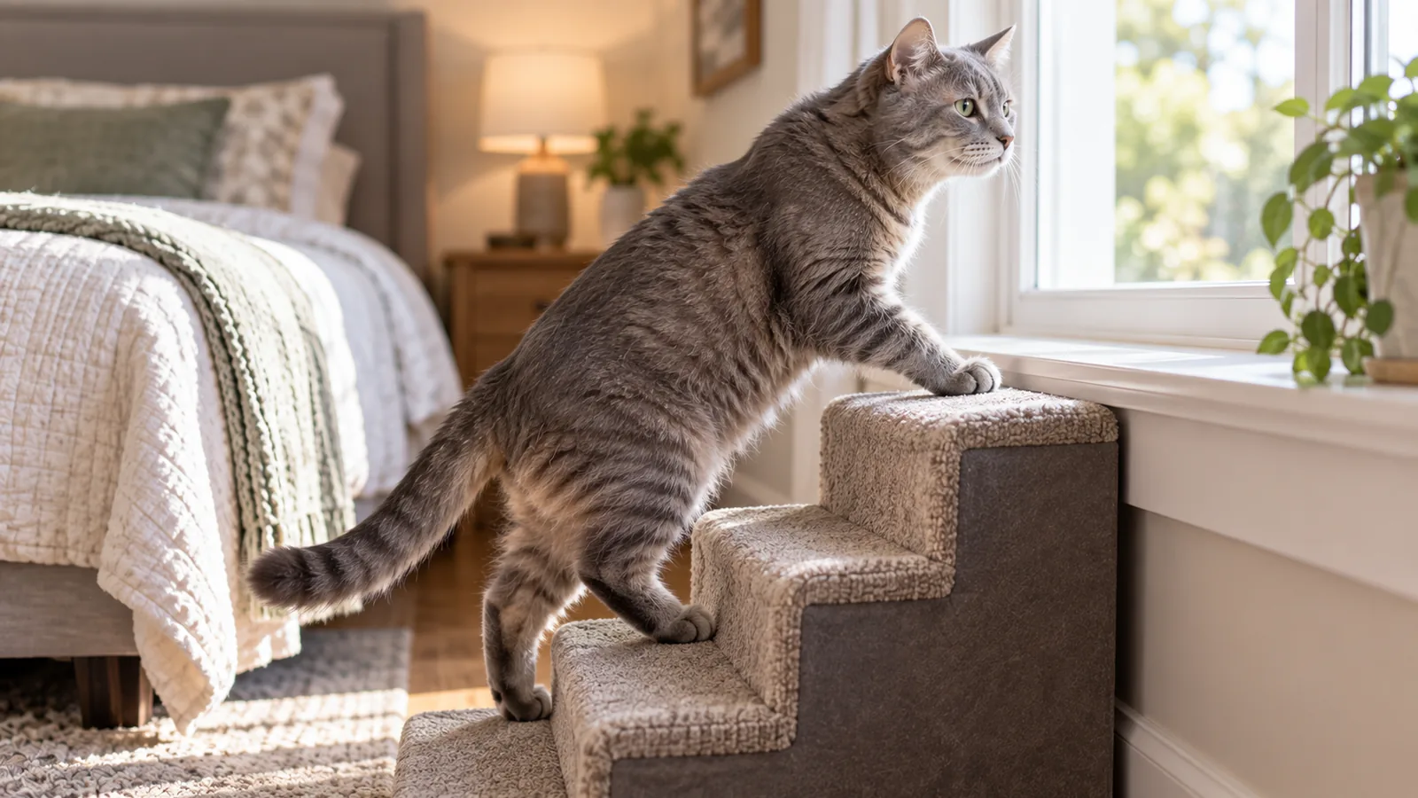 A grey tabby cat climbing carpeted pet stairs beside a bed, reaching toward a sunny windowsill